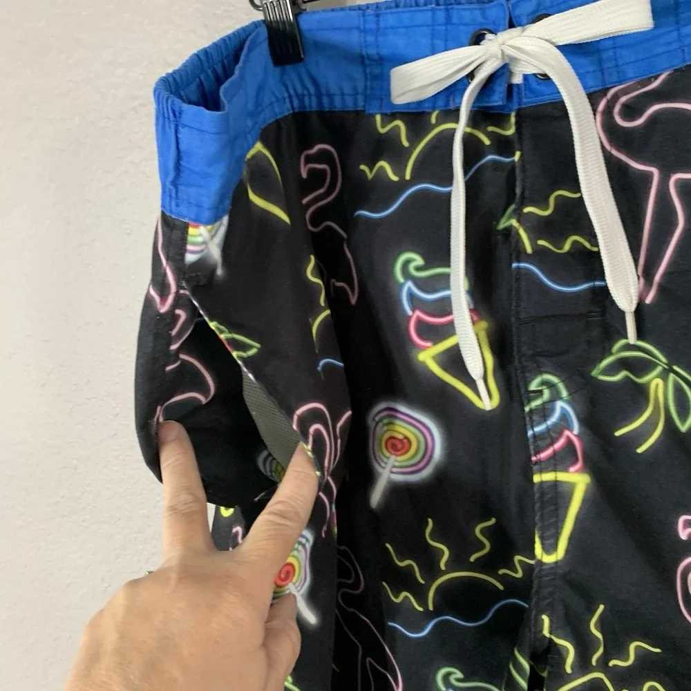 Top Drawer Men's Black Neon Signs Flamingo Board Surf Shorts Swim Trunks Size XL